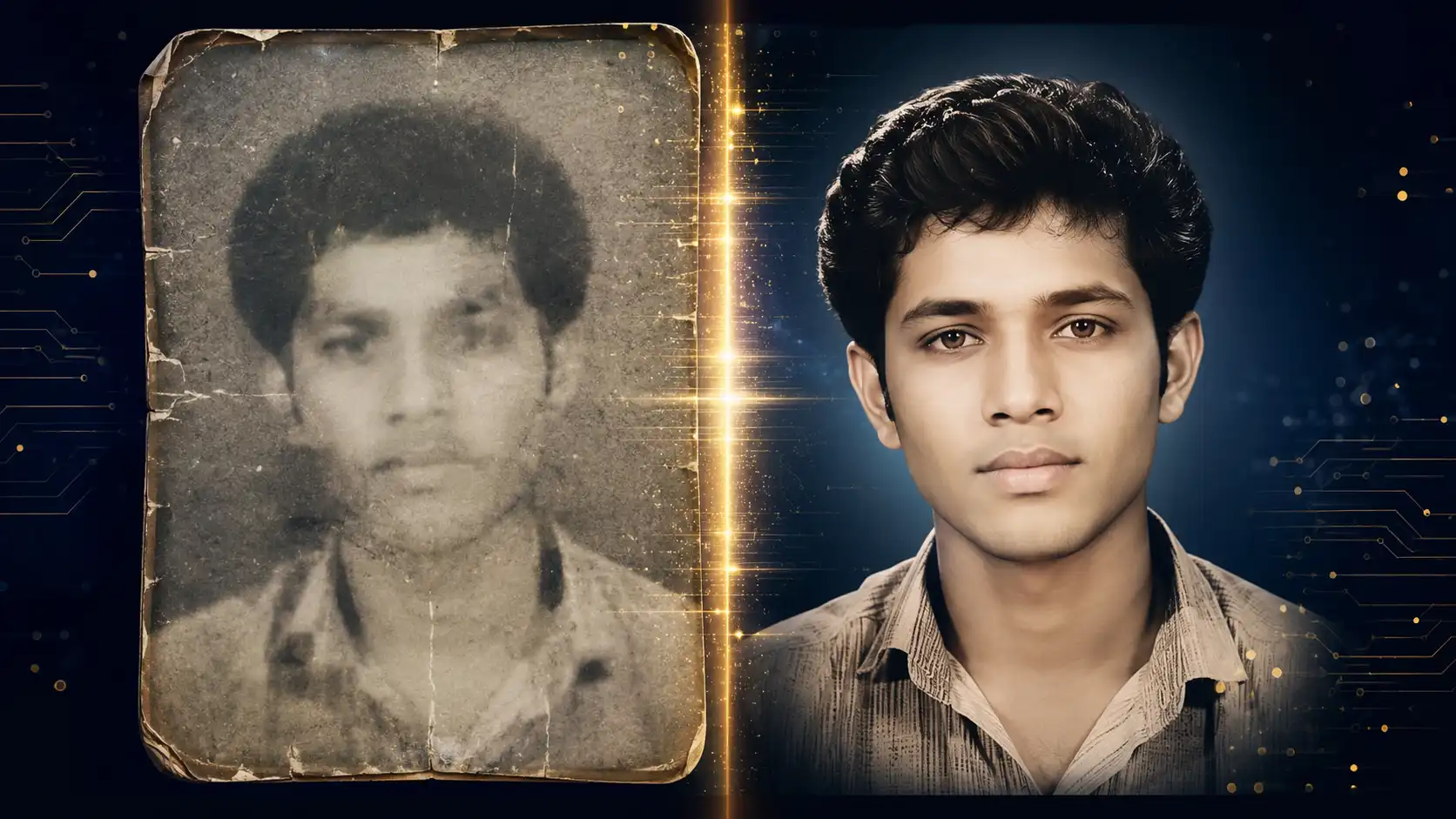 Before and after comparison showing AI photo enhancement transforming a blurry, low-resolution portrait into a sharp, high-resolution 8K image
