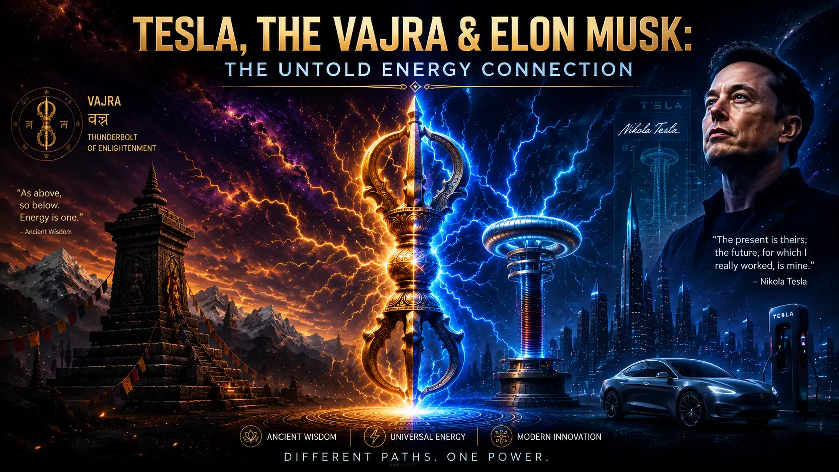 Glowing golden Vajra thunderbolt symbol fused with a sparking Tesla coil against a cosmic nebula background, representing the connection between ancient energy symbolism and modern science
