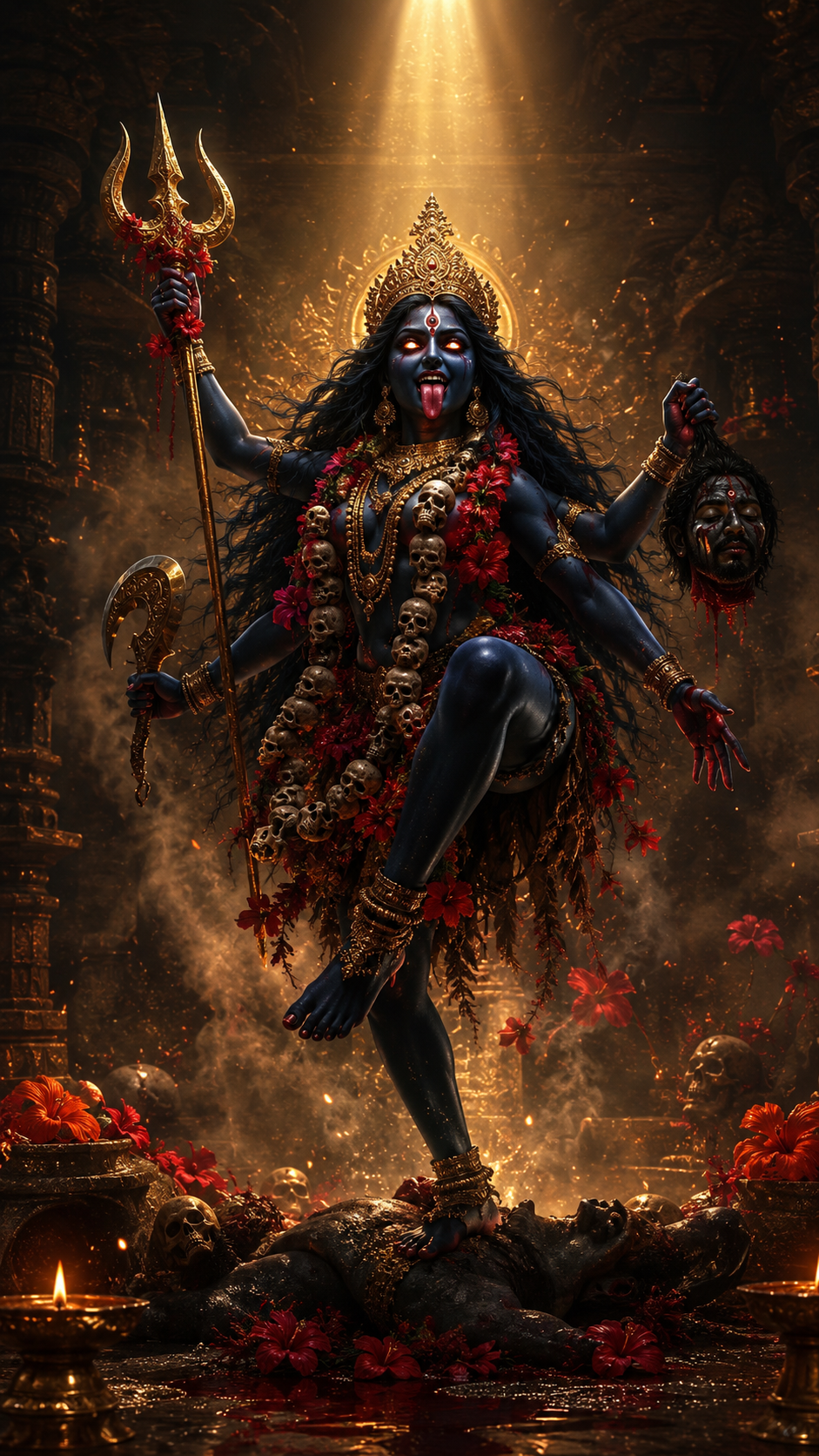 Goddess Dakshina Kali 4K HD wallpaper with divine glowing aura