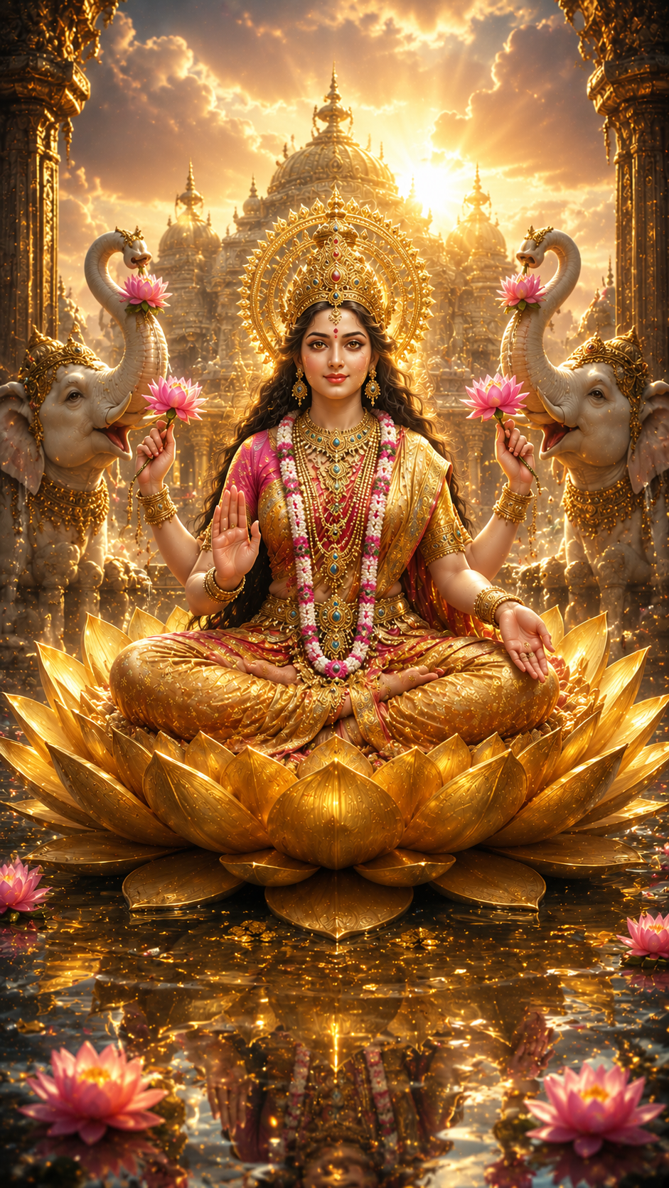 Goddess Kamala Lakshmi lotus throne 4K ultra HD wallpaper